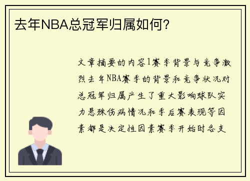 去年NBA总冠军归属如何？